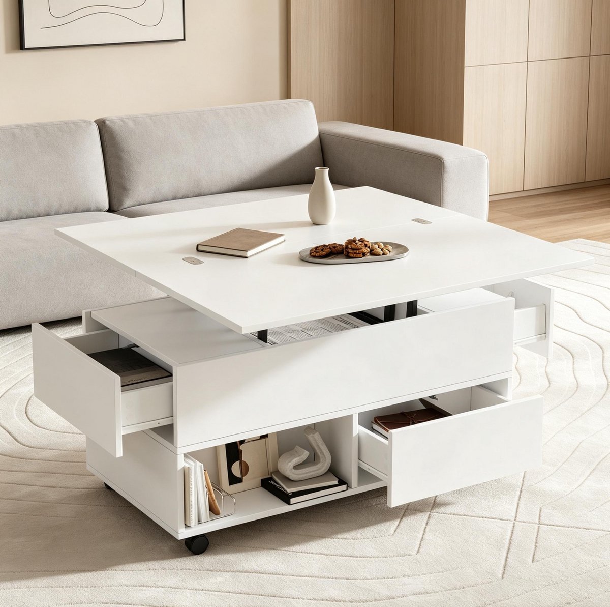 OKWISH Salontafel - Hoogteverstelbaar 3-in-1 Ontwerp - 100 x 50 x 52 cm - 4 Lades en Open Vakken - Met Wielen - Spaanplaat Wit