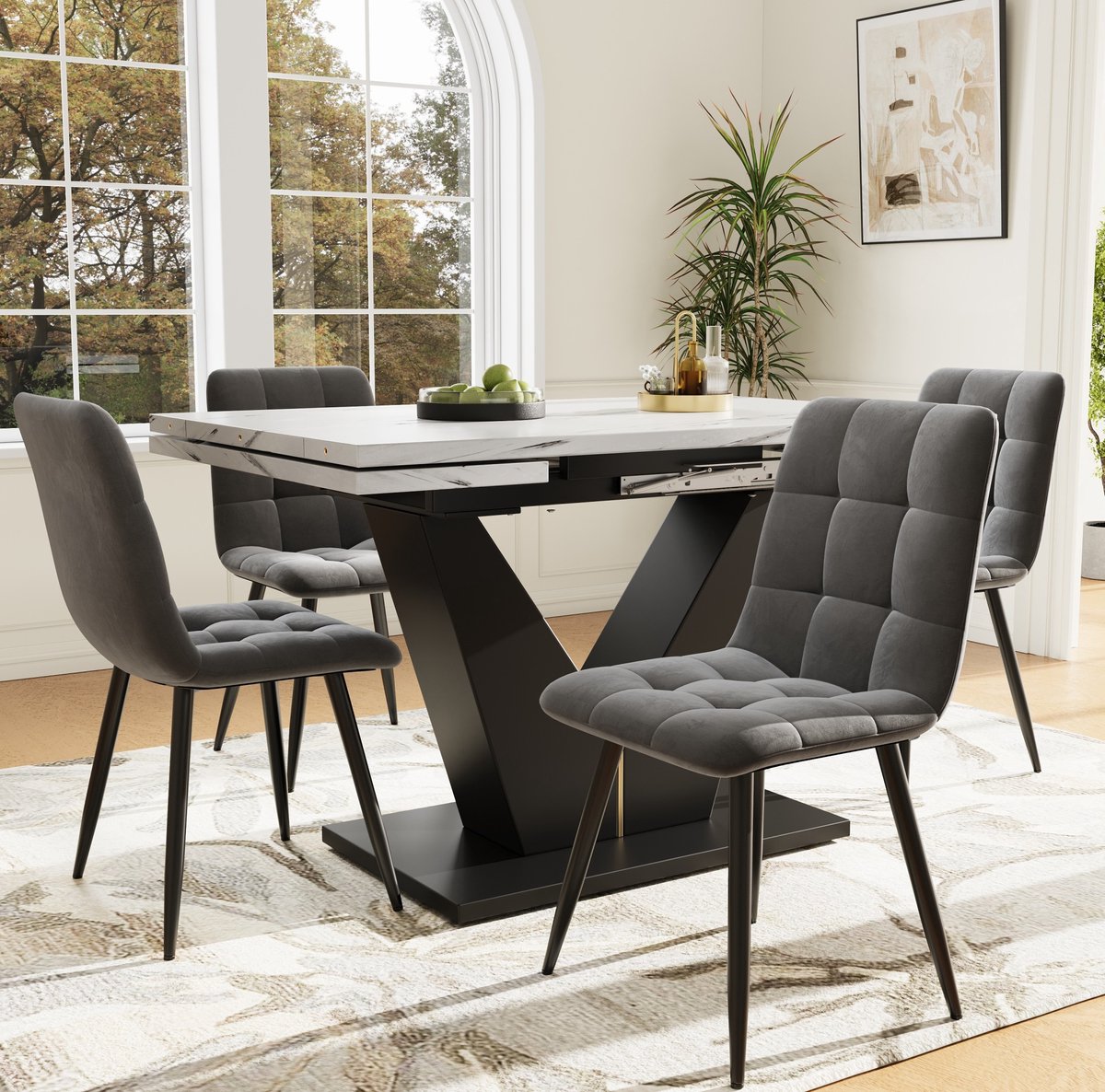 MEUNIQ eettafelset 5-delig met uitschuifbare tafel 99-159 x 75 x 75 cm en 4 fluwelen eetkamerstoelen, zwarte V-vormige poten, wit marmerlook tafelblad, grijs