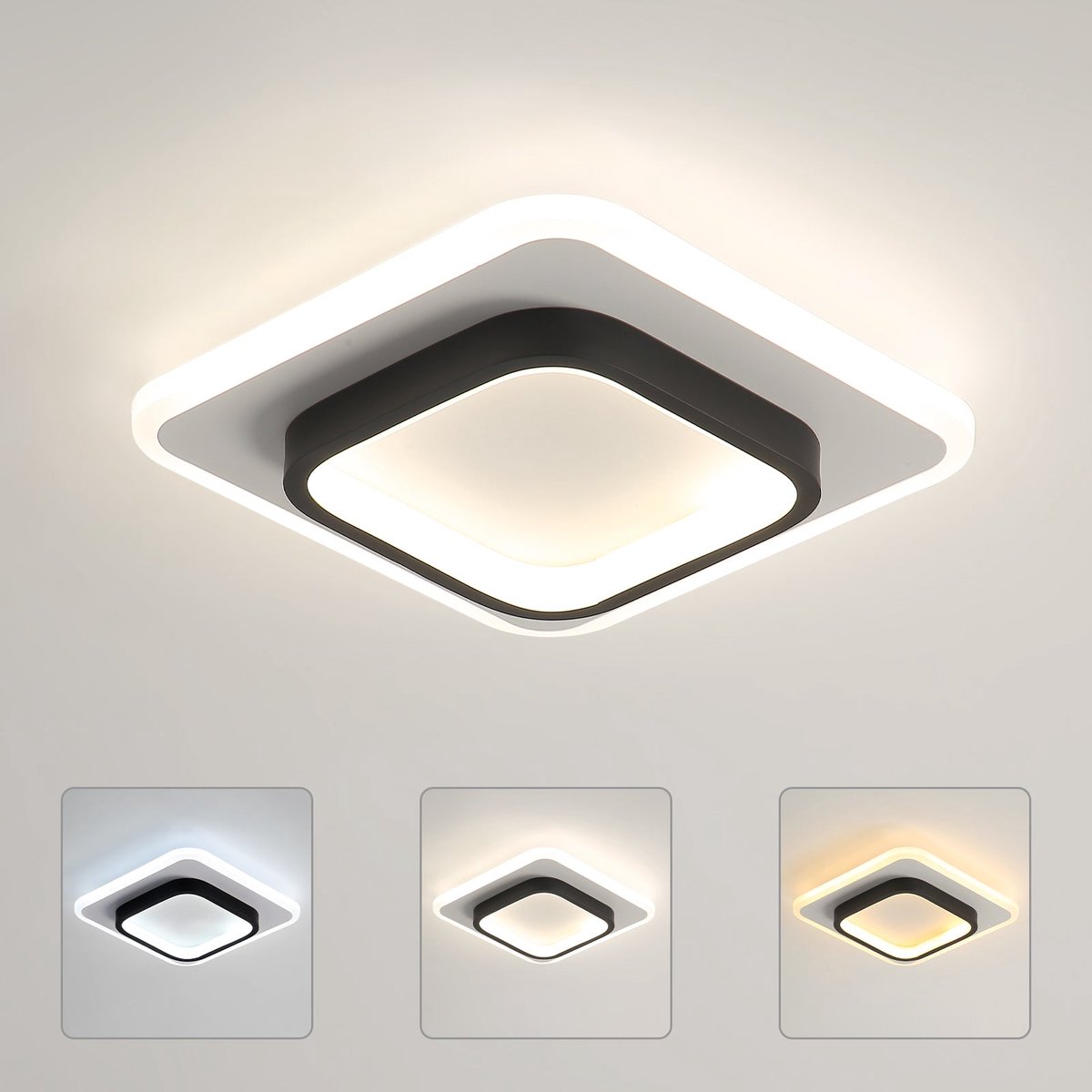 Riserva Vierkante LED Plafondlamp Zwart Wit Modern Eenvoudig 24W 2700lm Driekleurig Verstelbare Helderheid 3000/4500/6500K 220V Ra80