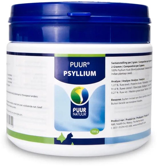 Pot met Puur Psyllium. De pot heeft een blauw deksel en een wit etiket met groene en blauwe accenten. Het etiket bevat informatie over het product.