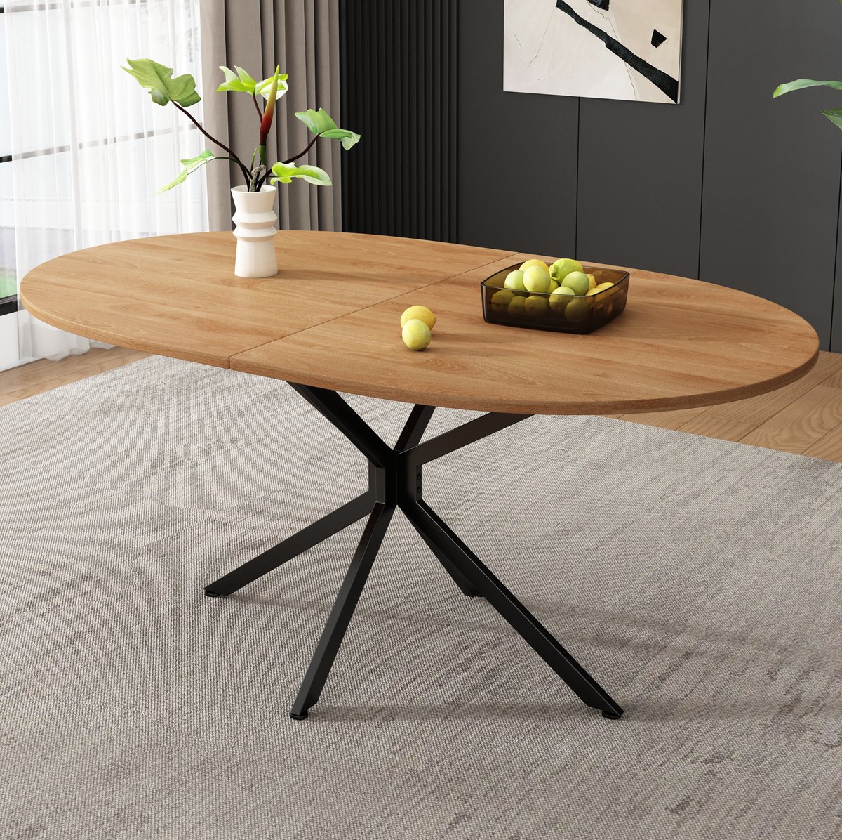 MEUNIQ Ovale eettafel 120 x 80 x 75,5 cm, MDF tafelblad met zwart metalen X-onderstel, modern, voor 4-6 personen, naturel