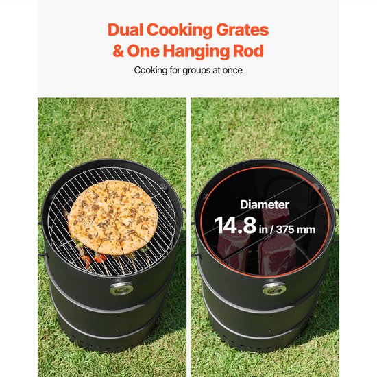 Rookoven, 470mm, Houtskoolbarbecue met Gecoat Stalen Vat, Voorzien van 2 Grillroosters, Ophangstang, 6 Haken en Thermometer, Perfect voor Tuinfeesten en Terrasgebruik — afbeelding 5