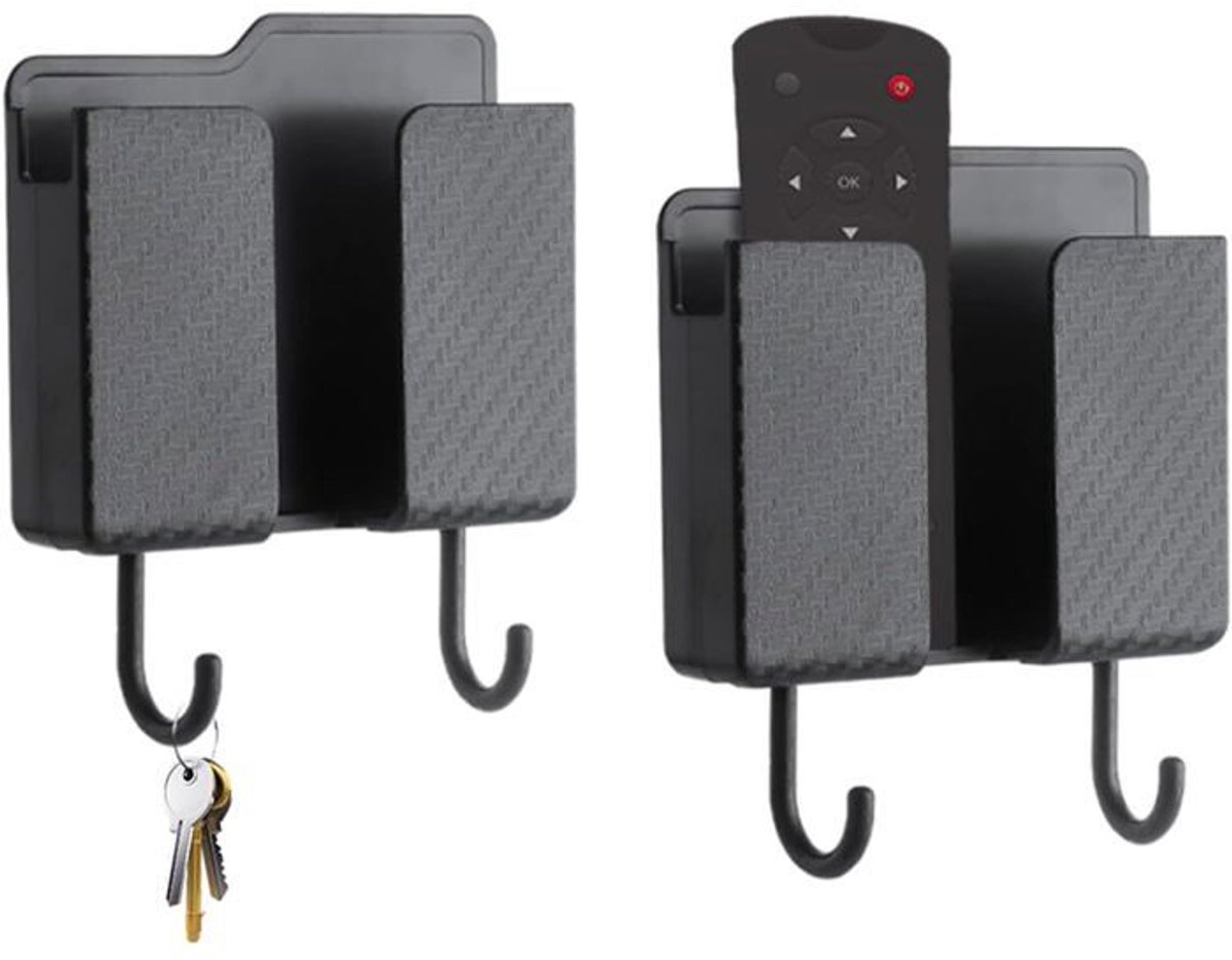 Tweedelige multifunctionele wandopbergdoosset, zelfklevende wandhouder Geschikt voor afstandsbediening, zwarte wandtelefoonhouder.