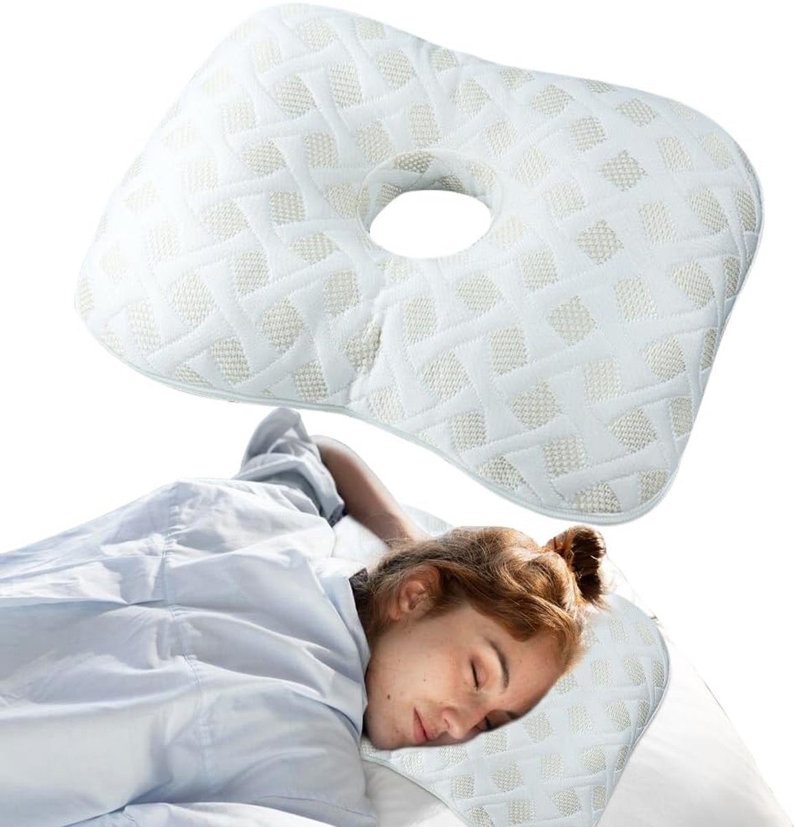 Oorkussen met Oorgat voor Zijslapers - 39 x 28 x 6 cm - Ergonomisch Piercing Kussen tegen Oorpijn & Drukpunten - Donut Kussen - Afneembaar & Wasbaar - Wit