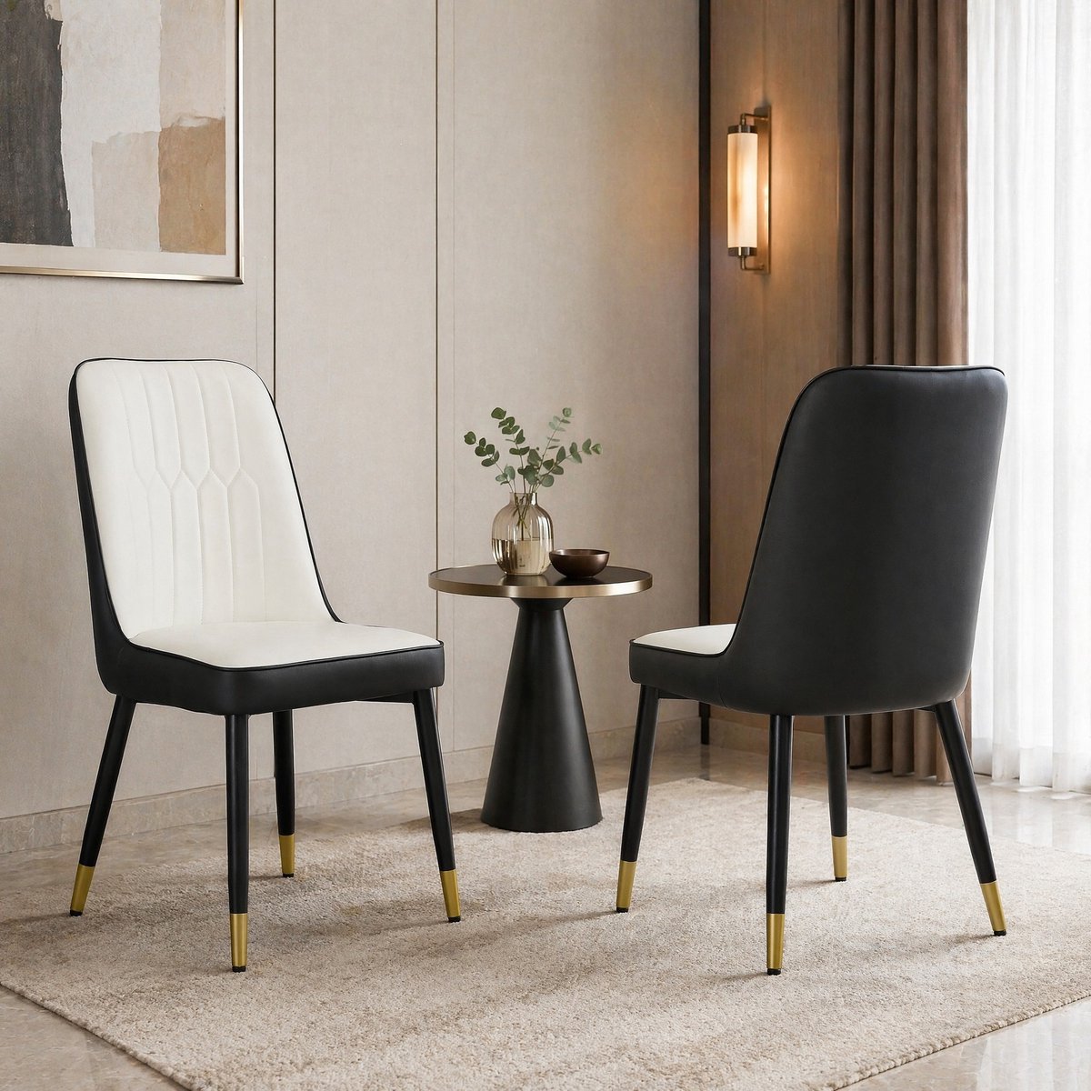 MEUNIQ Set van 2 eetkamerstoelen met hoge rugleuning, kunstleren zitting in wit en zwart, zwarte metalen poten, zonder armleuningen voor eetkamer of keuken White+Black