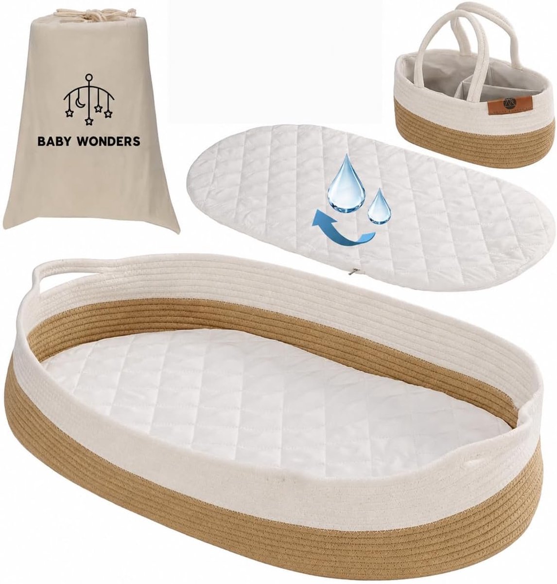 SnelShoppen - Baby Wonders Luiermand voor baby's - Gevoerde Waterdichte Matras, Wikkelmand met Organizer-mand voor Luiers en Draagtas - Perfect voor T