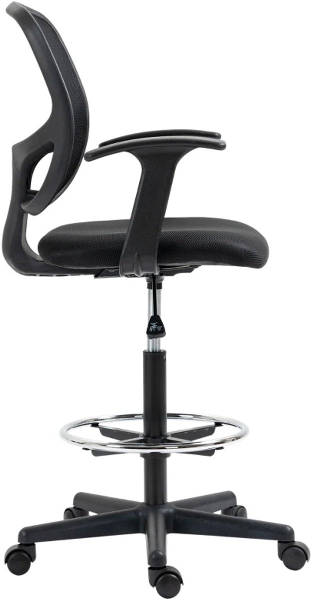 Tekenstoel met Voetensteun - Ergonomische Bureaustoel - Office Chair - Volwassenen Stoel - In Hoogte Verstelbaar - 360° Draaibaar - met 5 Wielen - Kantoorstoel - Gamestoel - Staal - Meshstof - Zwart