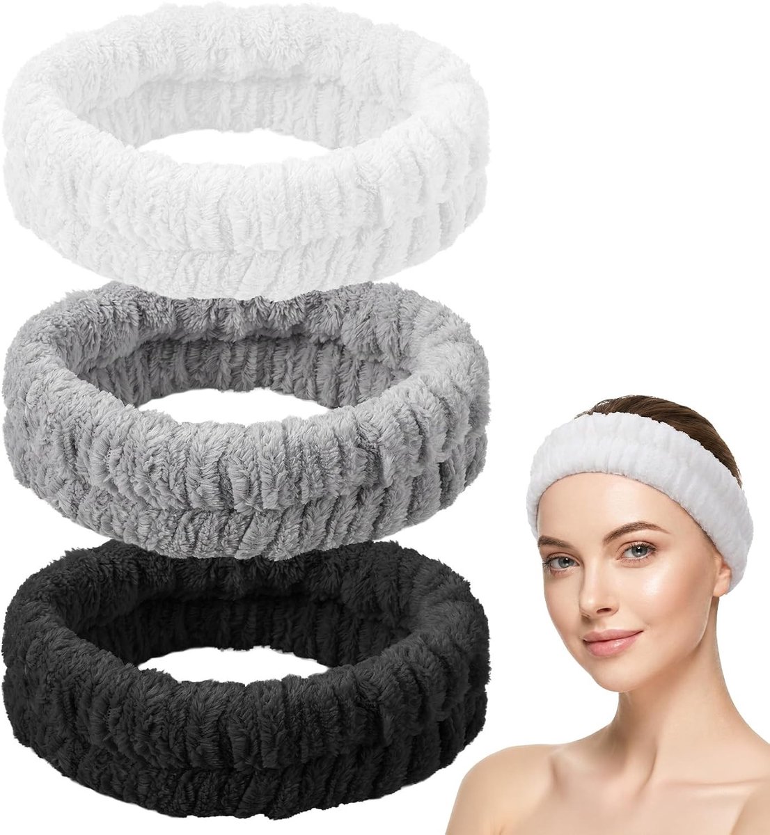 Zachte elastische haarbanden voor dames, 3 stuks in zwart, grijs en wit, perfect voor make-up, spa en gezichtsbehandelingen (17 x 5,5 cm)