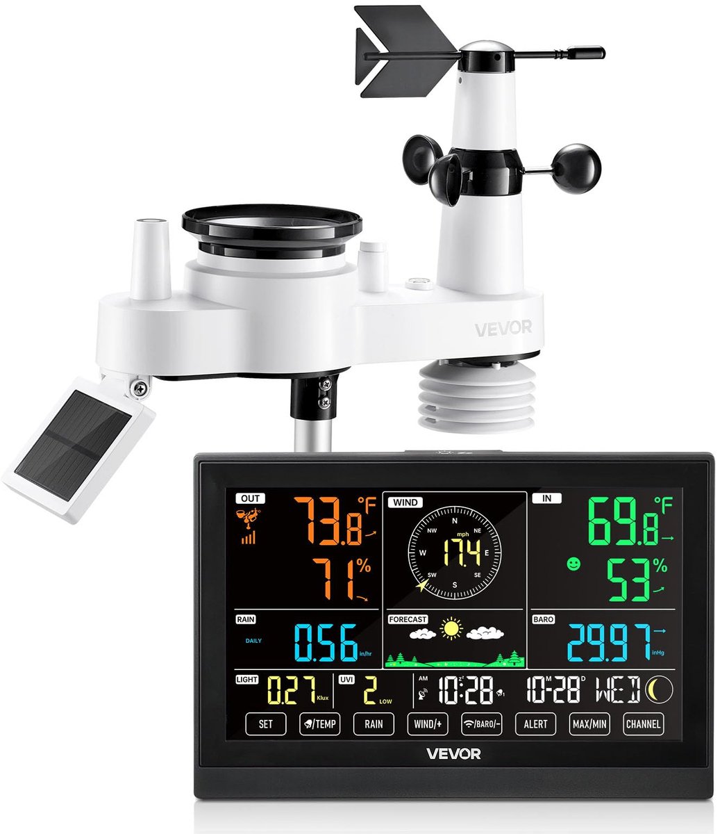 SnelShoppen - 7-in-1 Draadloos Weerstation met 7,5 inch VA-Display, Zonne-energie Buitensensor, Regenmeter, Temperatuur, Vochtigheid, Windsnelheid en