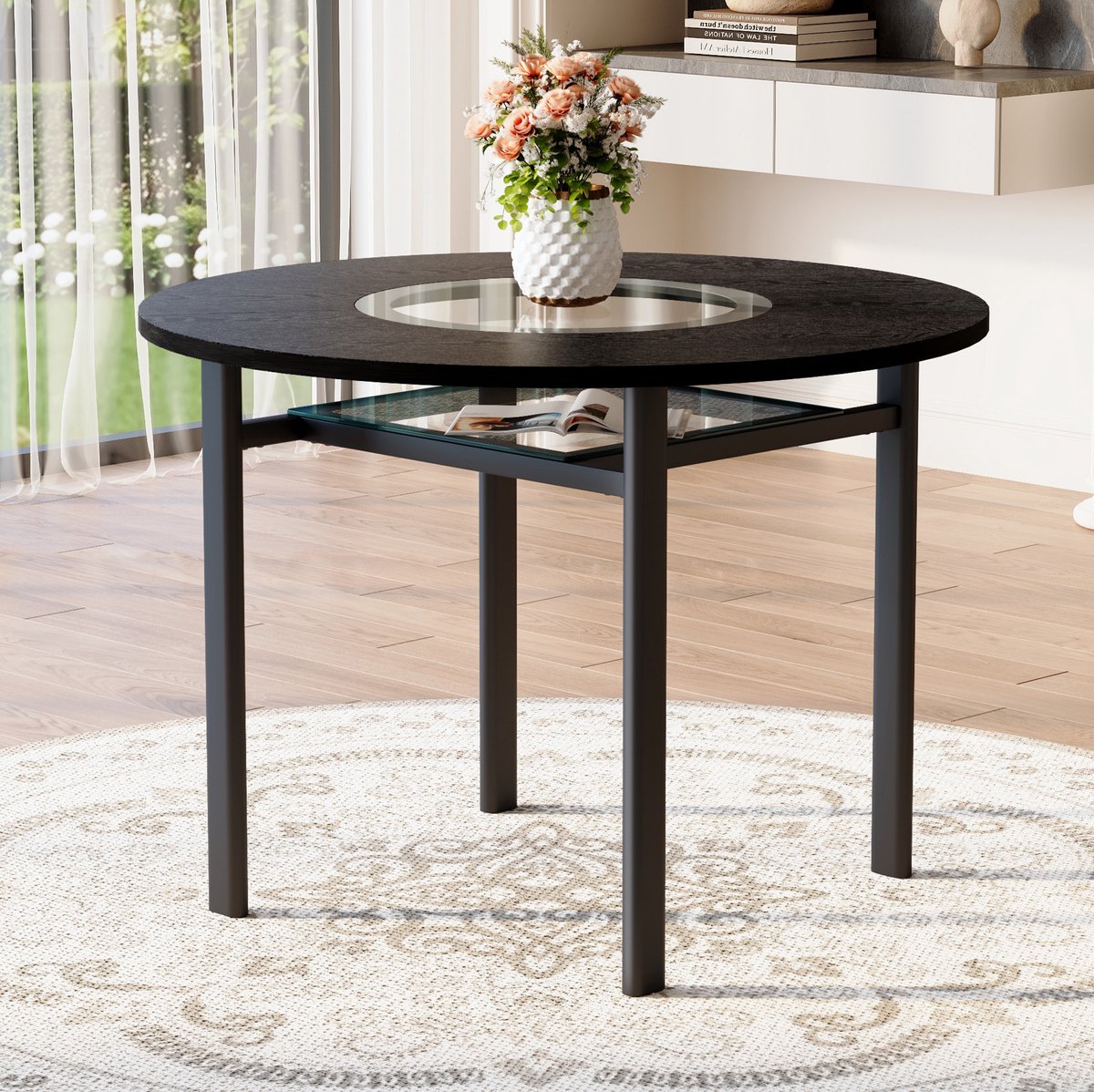 MEUNIQ ronde eettafel 100 cm met glazen inleg, zwart MDF tafelblad, metalen onderstel en glazen legplank voor eetkamer, woonkamer en open keuken Black