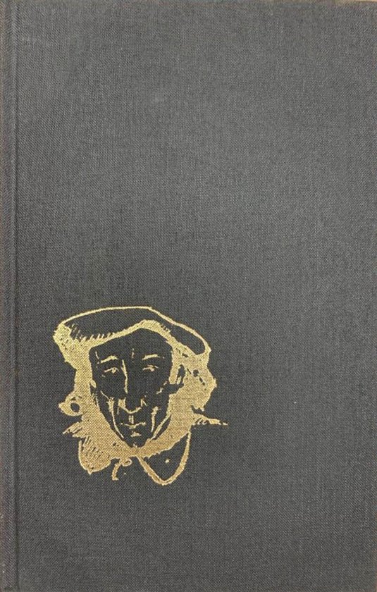 Donkergrijs boek met op de voorkant een gouden illustratie van een hoofd met een baret.