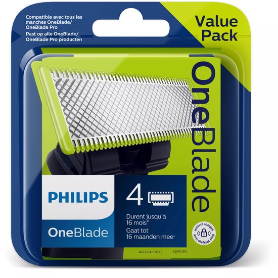 Emballage de quatre têtes de rasage Philips OneBlade, argent avec bordure jaune.