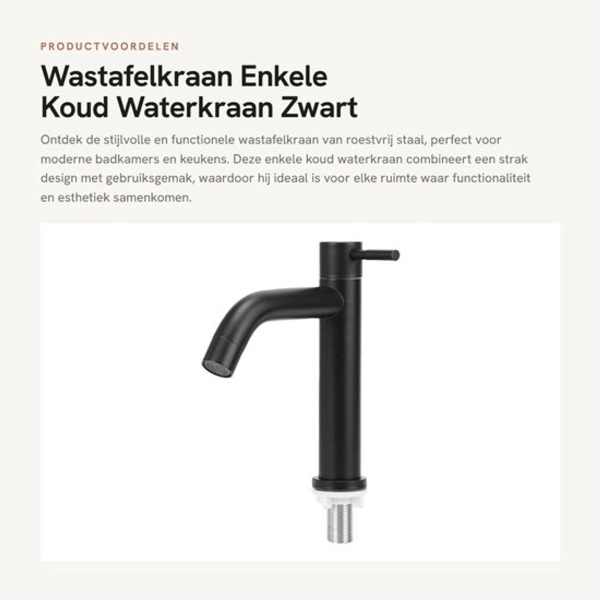 Wastafelkraan Roestvrij Staal - Enkele Koud Water Kraan - Zwart - Handvat 7,5 cm - Bereik Tuit 12,5 cm - Luxe Afwerking - Waterkraan
