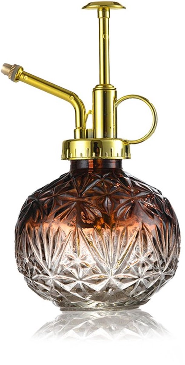 Glazen plantenspuitfles, 240 ml, retro reliëf, plantenspuit met pomp, bloemenverstuiver, drukspuit voor balkon, kleine tuinplanten, binnen huis of kantoor, koffiekleur + gouden sproeikop
