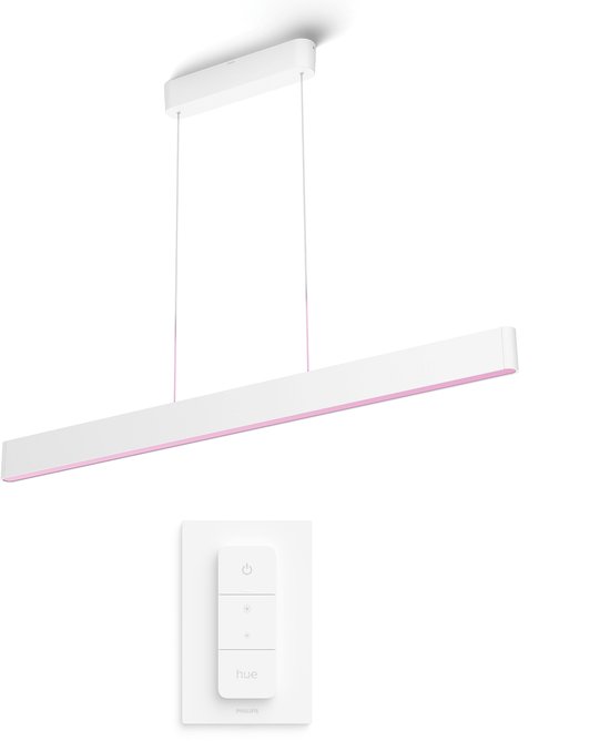 Witte Philips Hue hanglamp met de bijbehorende dimmer switch.