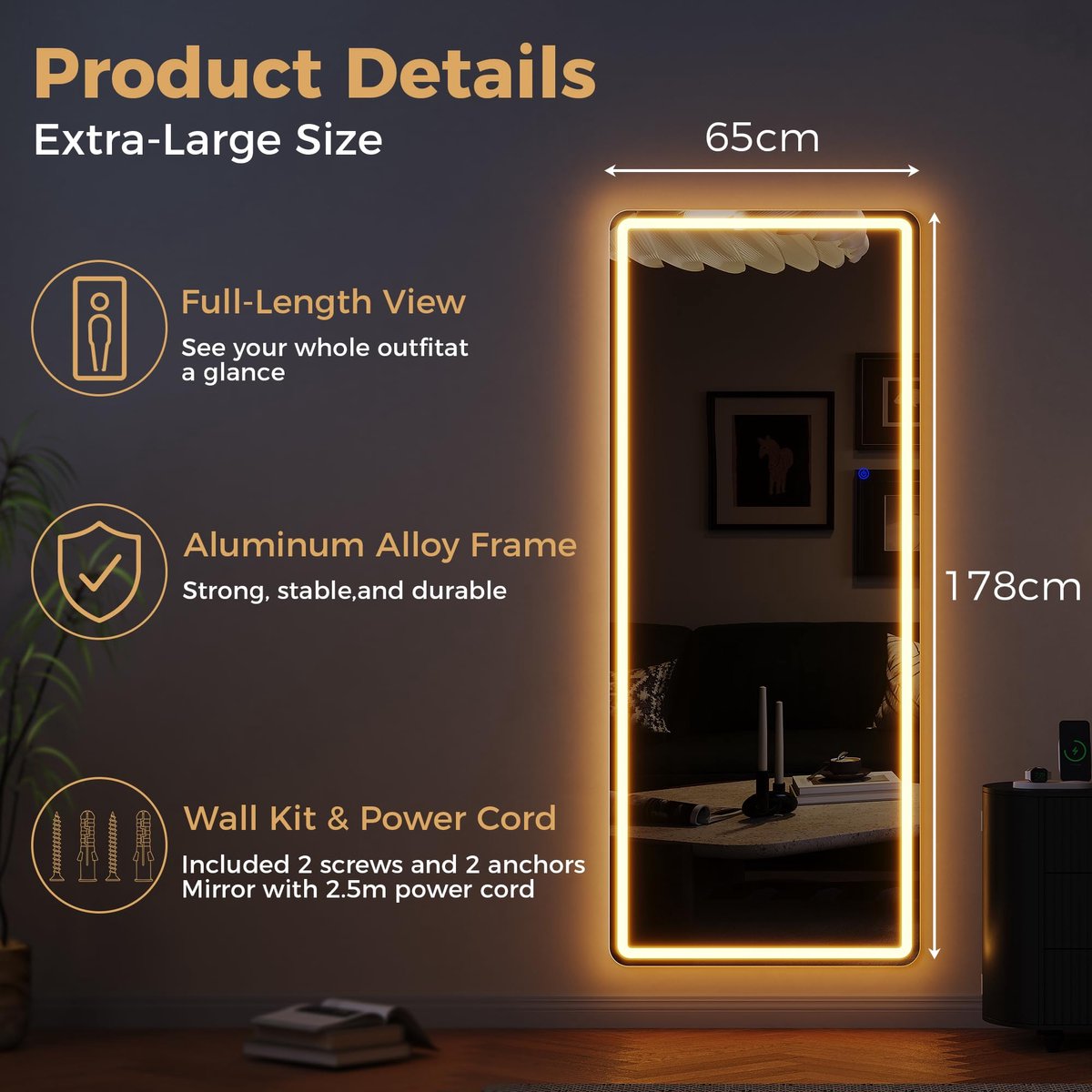 SnelShoppen - ZKIODV Staande Spiegel 178x65 cm met LED Verlichting, Grote Vrijstaande Vloerspiegel voor Woonkamer en Hal, Volledige Lengte Passpiegel