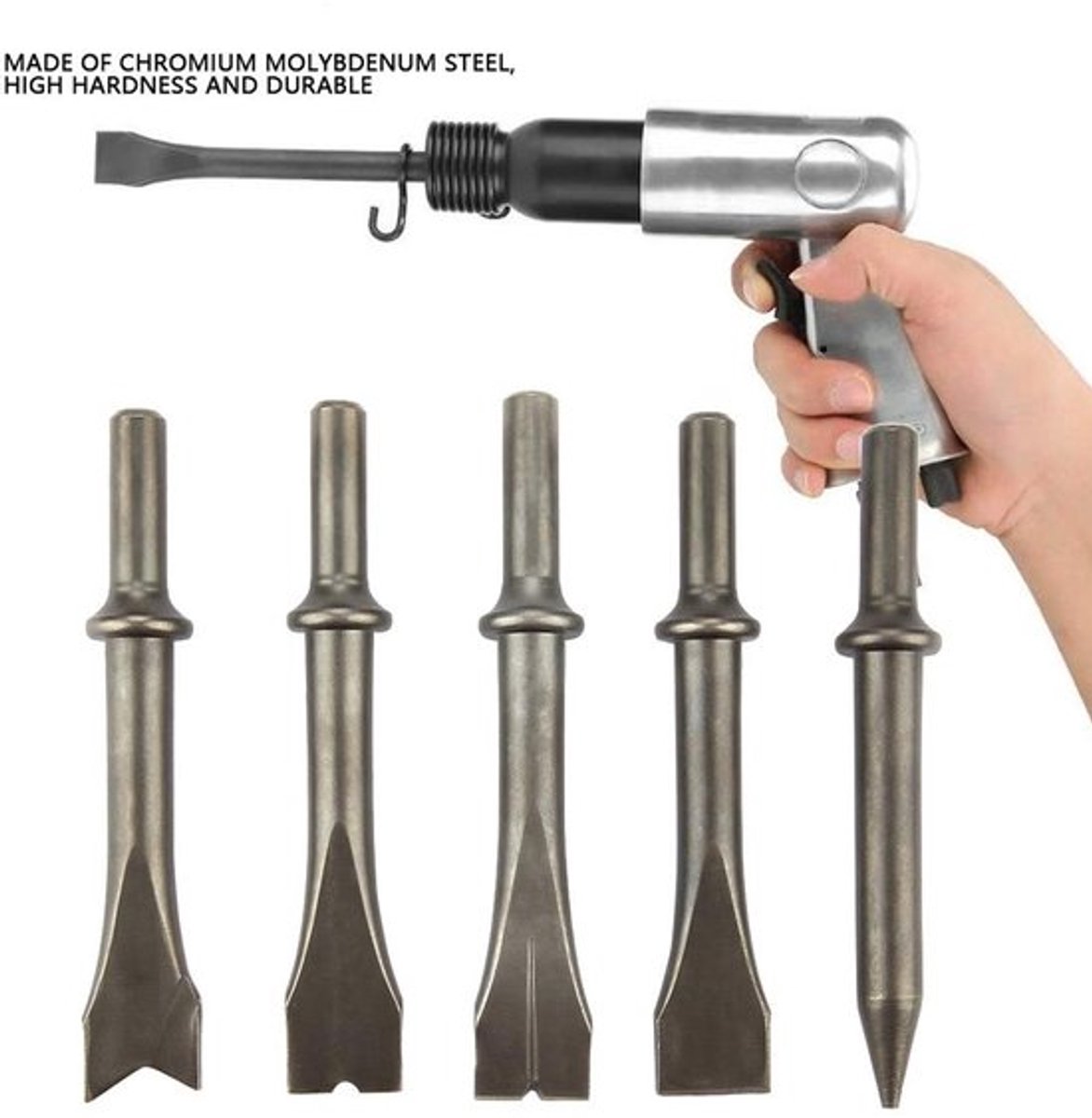 Luchthamerbeitelset 5-delig - Pneumatische Hamerbitset - Omium-molybdeenstaal - Schachtdiameter 10 mm - Lengte 125 mm - Gewicht 474 g - Beitelset