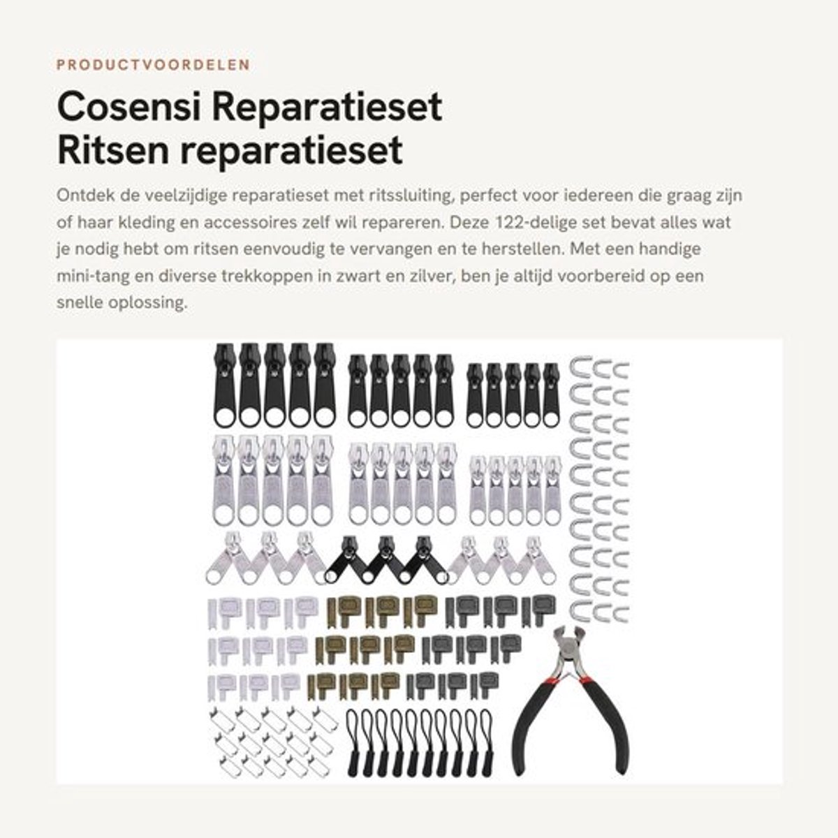 Reparatieset 122-delig - Ritssluiting - Ritstrekker - Vervanging - Mini-tang - Duurzaam metaal