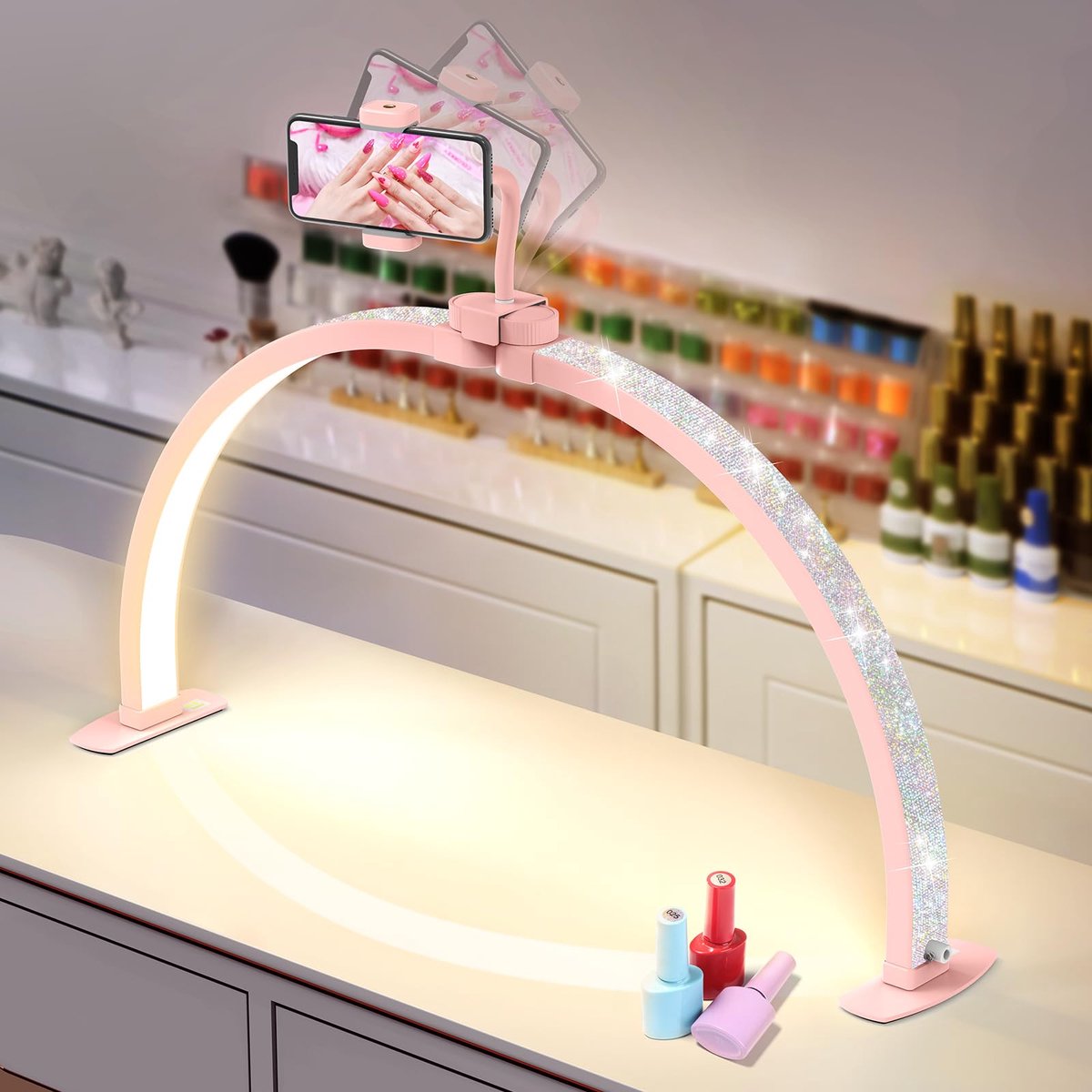 SnelShoppen - Halve Maanlamp voor Nagels en Wimpers: 29'' Nagellamp met Telefoonhouder, 3 Kleurmodi en 10 Helderheidsniveaus - Rosérood voor Tatoeages