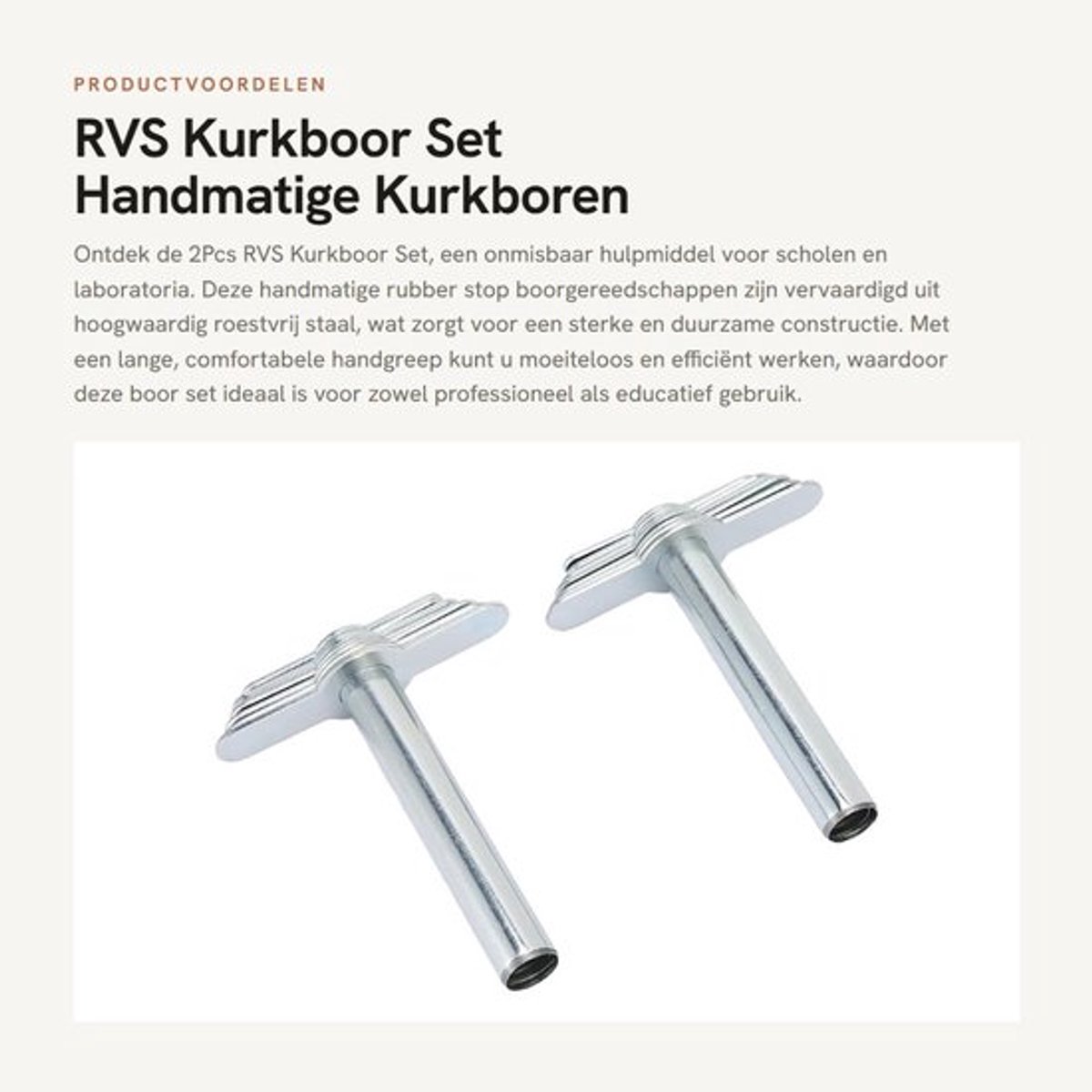 Kurkboor - 2 Stuks - Roestvrij Staal - Handgereedschap - School/Laboratorium - Duurzaam - Comfortabele Handgreep - Boor
