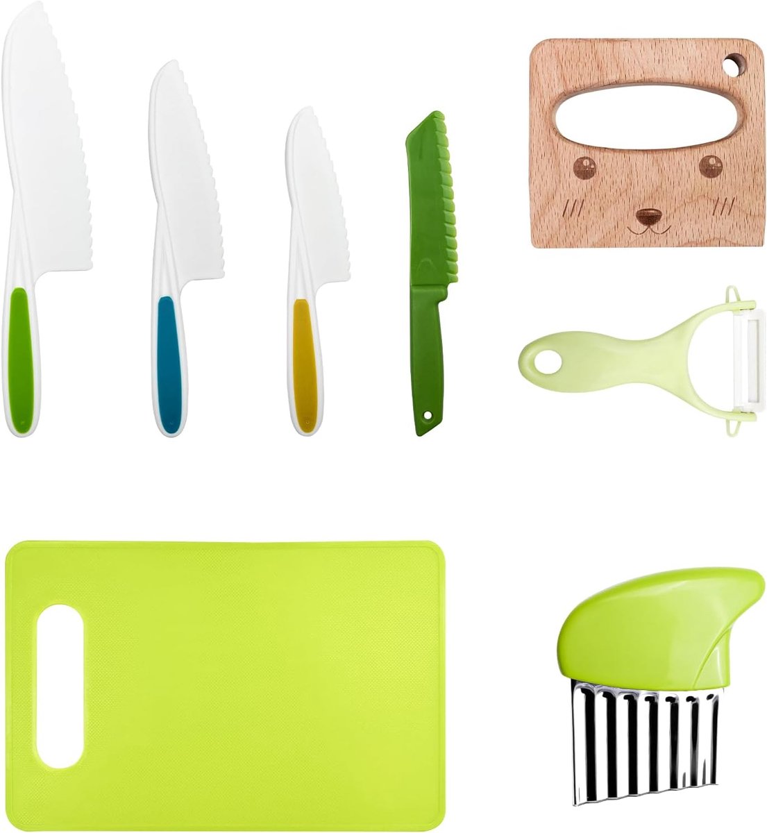 SnelShoppen - Kindermessen Set 8-Delig - Kindvriendelijke Keukenmessen voor Kinderen vanaf 2 Jaar - Veilig en Betrouwbaar Koken - Inclusief Snijplank