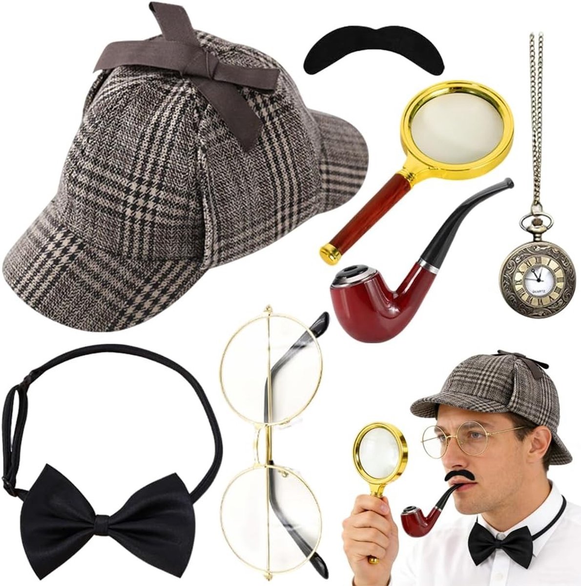Detective Kostuum Accessoires Set met Hoed, Metalen Bril, Vergrootglas en Snor voor Volwassenen, Perfect voor Cosplay en Feestjes