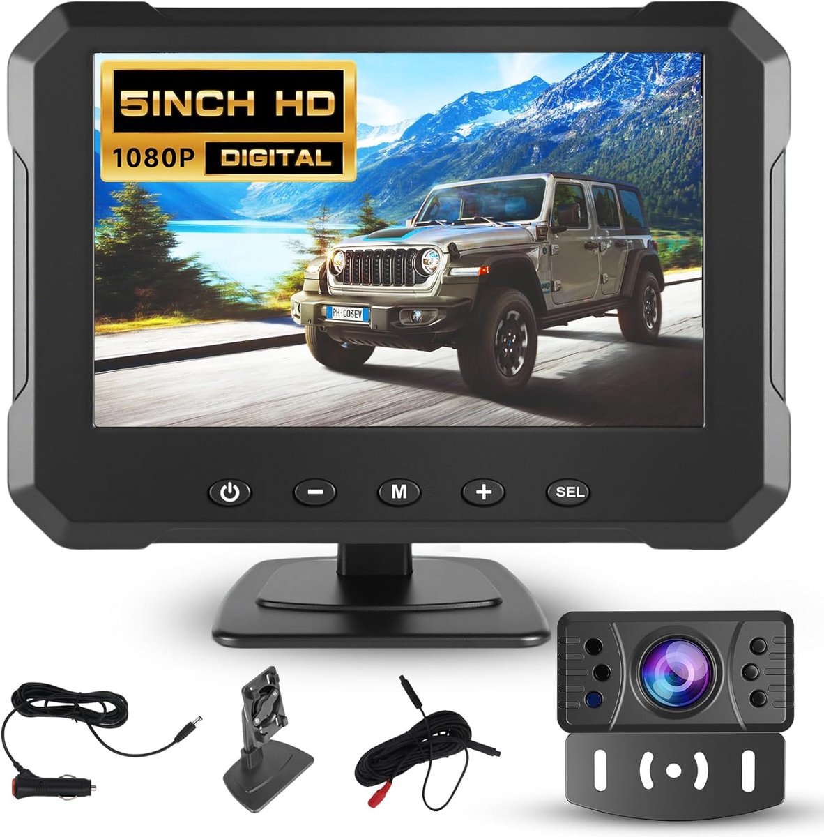SnelShoppen - Digitale Achteruitrijcamera Monitorset 5 Inch, 1080p HD Nachtzicht, IP69 Waterdicht, Groothoek, Eenvoudige Installatie, Kabel en Kenteke