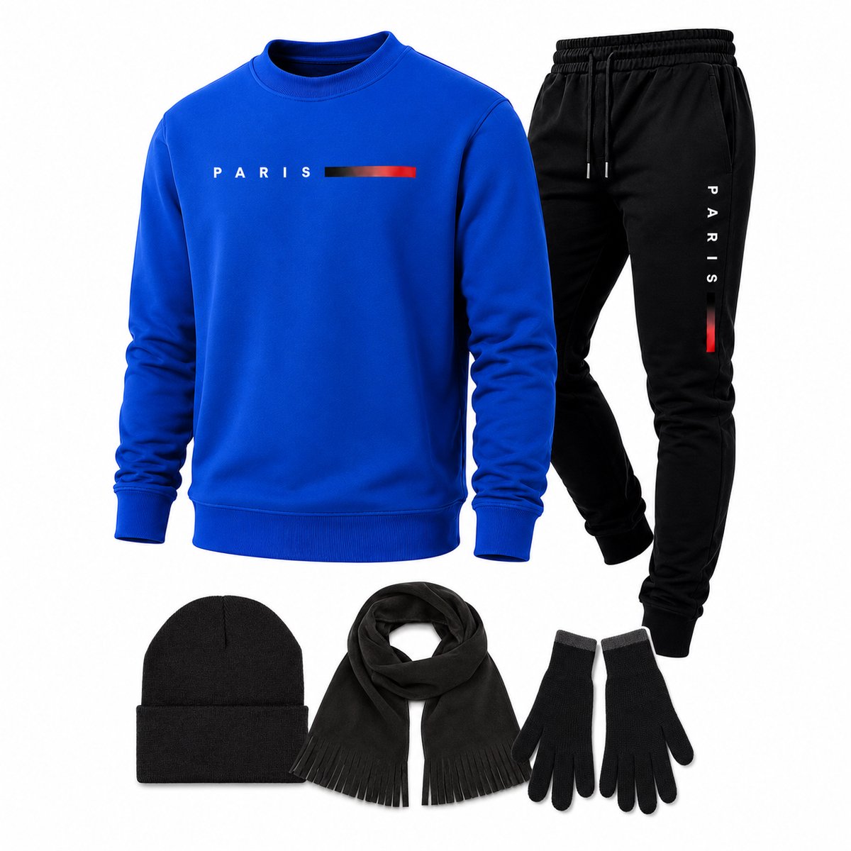 Trainingspak Heren – Joggingpak met Sweater en Joggingbroek – 5-Delige Winterset met Muts, Sjaal en Touchscreen Handschoenen - Blauw - XXL