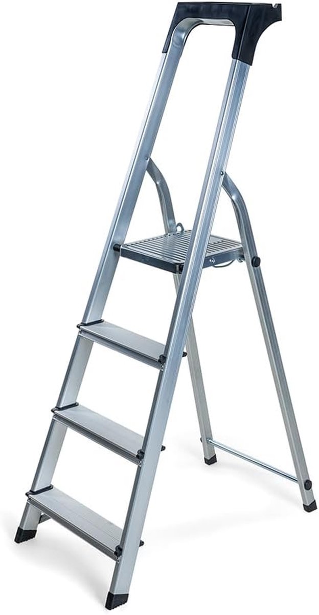 Huishoudtrap 4 treden - Keukentrap Aluminium - Klusjes in huis - Extra veiligheidsborging - 84 cm hoog - Zilver