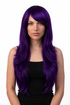 KIMU® Luxe Lange Paarse Pruik Zeemeermin - Donkerpaarse Mermaid Lang Haarwerk Met Schuine Pony - Paarse Halloween