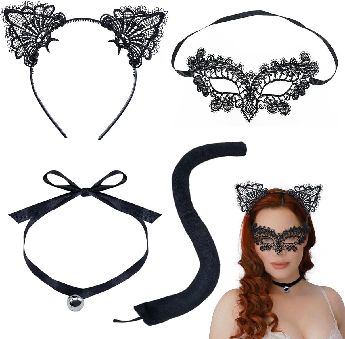 4-delige set kattenkostuum voor vrouwen met sexy kanten kattenoren, haarband en masker voor Halloween en carnaval