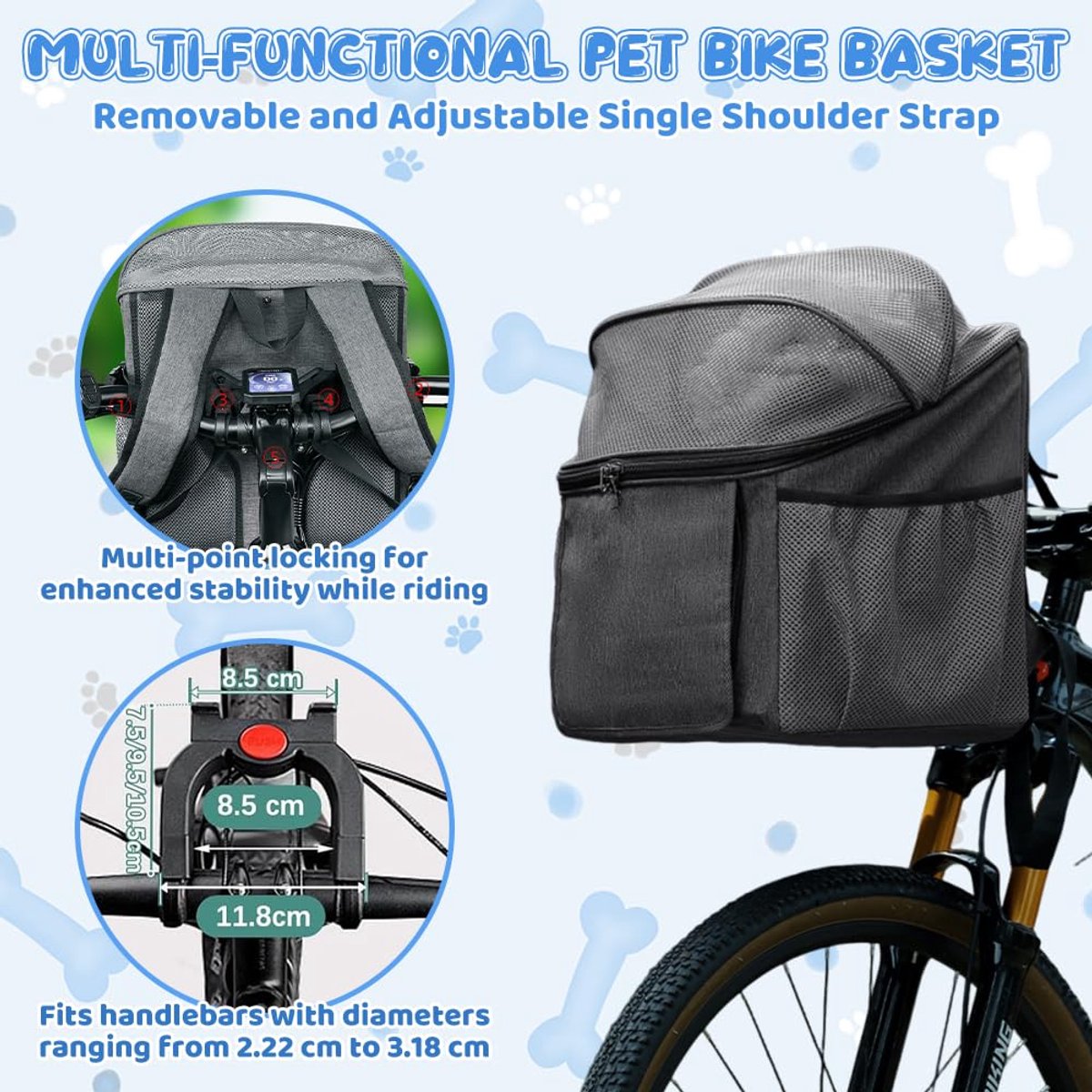 SnelShoppen - Fietsmand 2-in-1 Transportbox voor Honden, Inklapbare Rugzak voor Kleine en Middelgrote Huisdieren, Maximaal 5 kg, Met Stuuradapter, Dra
