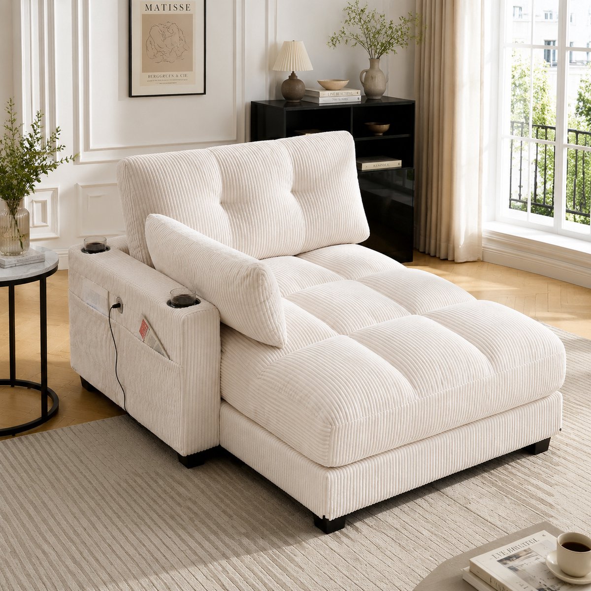 Lounge Fauteuil Ribstof Beige - Relaxstoel Met USB, 3 Bekerhouders En Zijvak