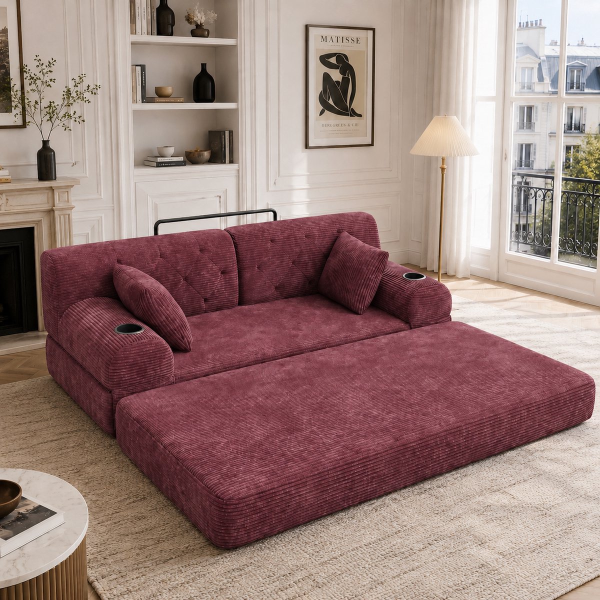 Slaapbank 2-Zits - Corduroy Bank Met Hoge Rugleuning En Bekerhouders - Bordeaux