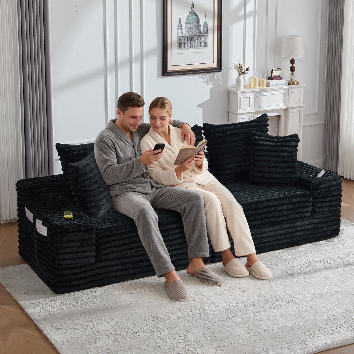 4-Zitsbank Corduroy - Modulaire Slaapbank Met Hoge Rugleuning, Kussens En Bekerhouders, Zwart