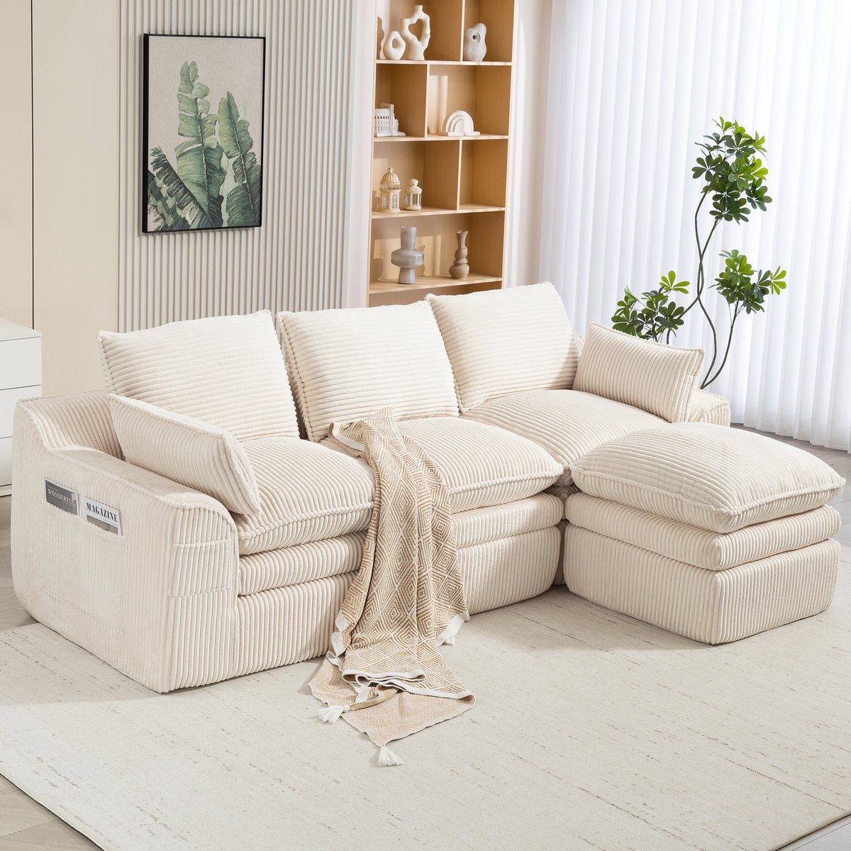 Modulaire Hoekbank Corduroy - 3 Persoons Lounge Sofa Met Hocker En Opbergtas Beige
