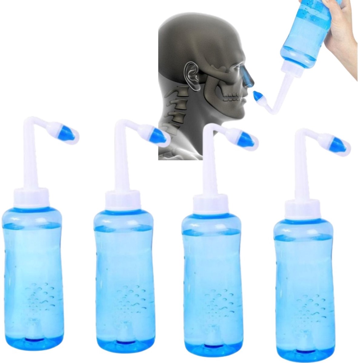 4-delige druk neusspoelset - Inhoud 300 ml - Neusdouche - Neusreinigingsapparaat - 5,5*13,5*10 cm - Voor volwassenen ter verlichting van neusverstopping en allergieën - Blauw en wit