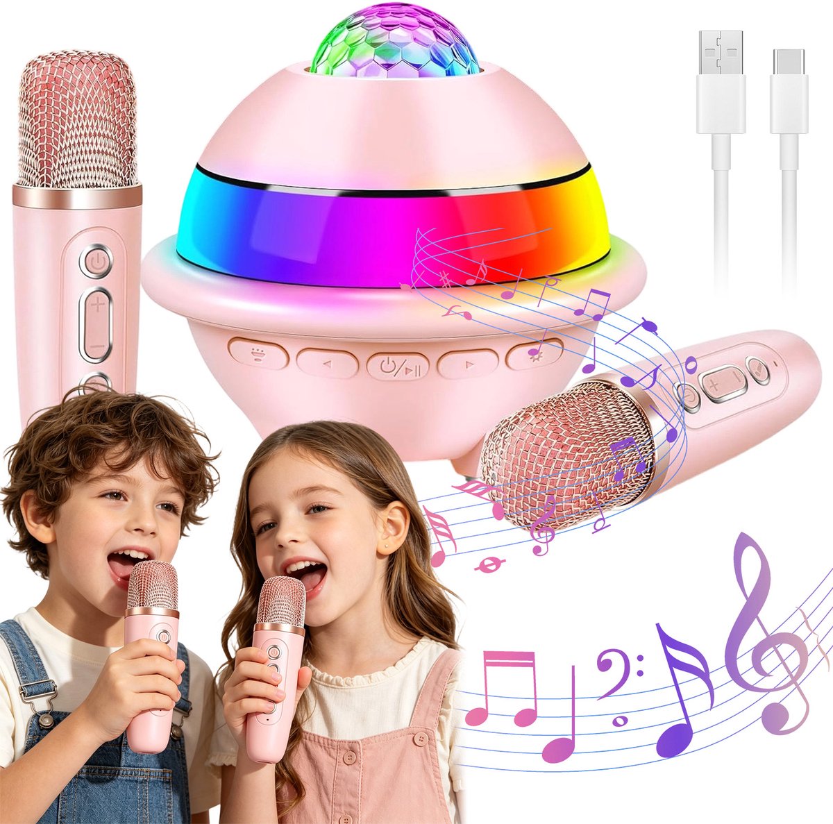 Mini Karaoke Set - Roze - Met Bluetooth Speaker, Microfoons en Discolamp - 4 Stemvervormers - Party Box - Draagbaar - voor Thuis en Feestjes - Verjaardagscadeau voor Kinderen