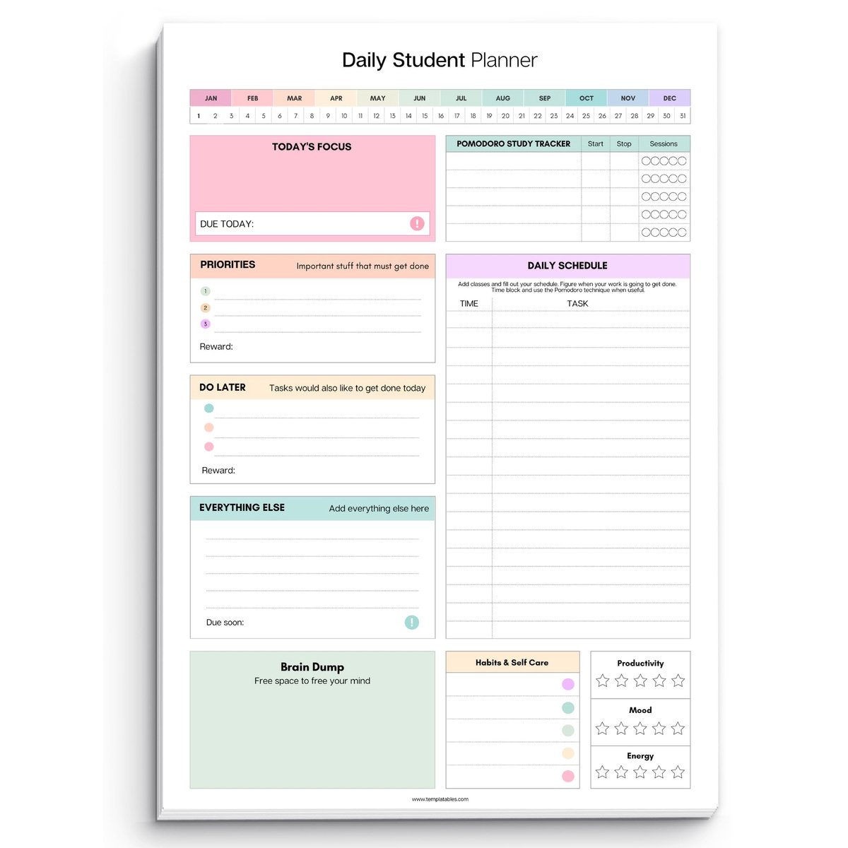 SnelShoppen - Student Daily ADHD Planner A4 | 50 vel ongedateerde studieplanner-pad met dagelijkse taak en pomodoro-tracker, neurodivergente focusplan