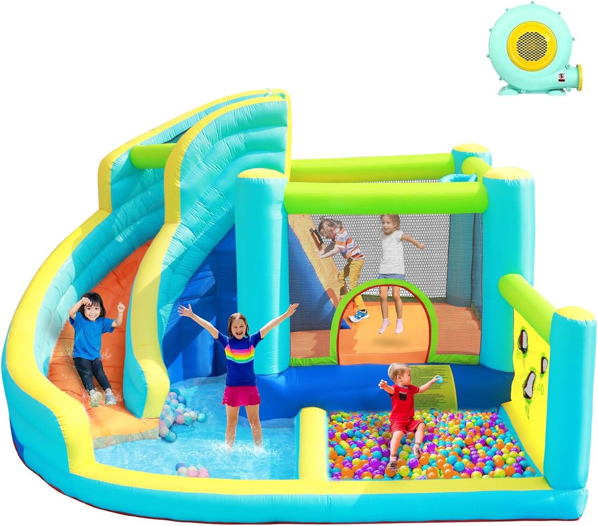 SnelShoppen - FBSPORT Springkasteel met Ventilator, Groot Waterspeelcentrum met Droog-/Waterglijbaan, Kinderbadje, Klimwand, Spring- en Basketbalmand,
