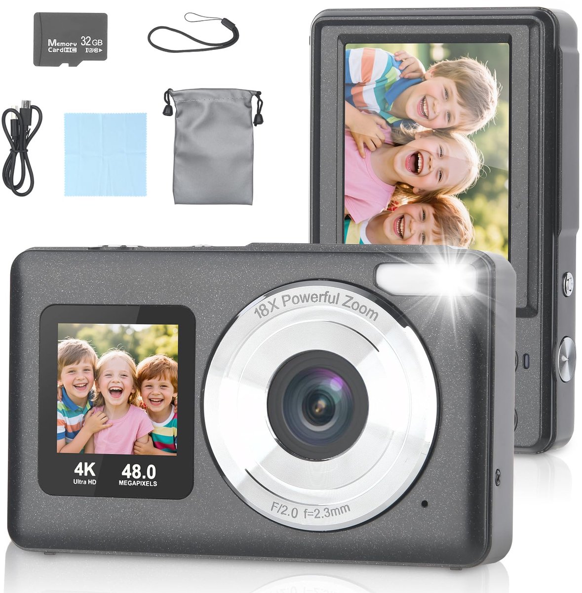 SnelShoppen - Digitale camera 4K 48MP met dubbele voor- en achterschermen, 18x zoom autofocus, ideaal voor kinderen en tieners, zwart - Perfect kerstc