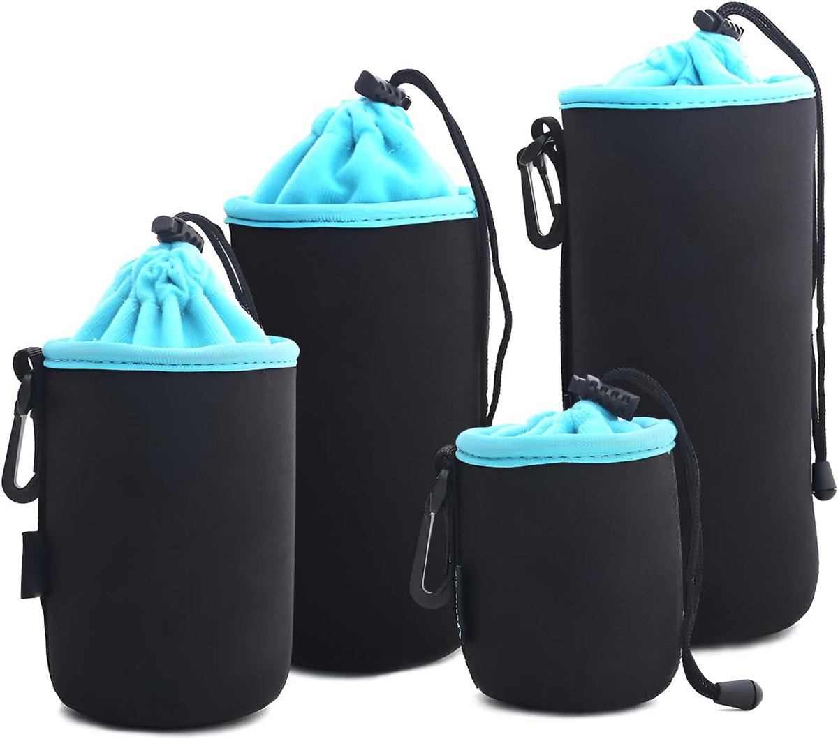 SnelShoppen - Lenscase set van 4 maten voor lenzen en camera accessoires, waterdicht en schokbestendig, zwart en blauw, organizer voor tas, 9x14cm t/m