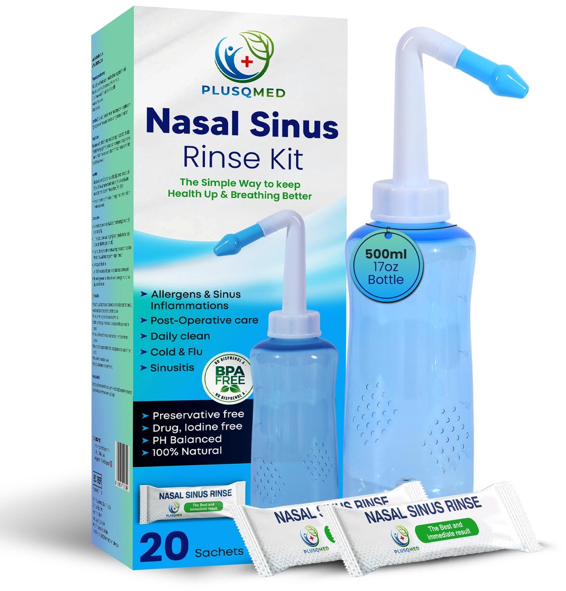 SnelShoppen - Neti-potje Sinusspoeling en Neushygiëne - 300 ml + 20 Zoutpakketten - PH Gebalanceerd, Vrij van Geneesmiddelen - Ideaal voor Allergieën,