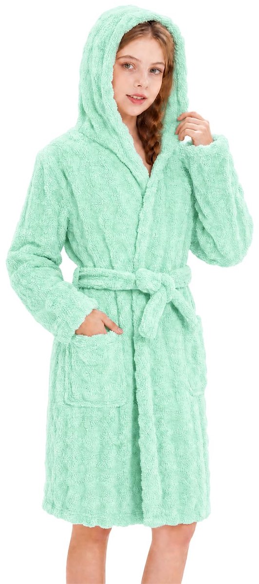 SnelShoppen - Zachte Fleece Badjas voor Kinderen met Capuchon, Warme Lichtgroene Badjas voor Jongens en Meisjes, 4-14 Jaar, Perfect voor Thuis en Zwem