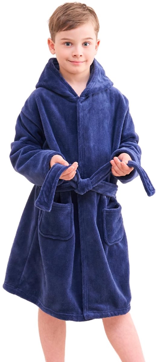 SnelShoppen - Zachte Badjas met Capuchon Fleece Badjas voor Jongens 12-13 jaar, Blauw, Nachtkleding, Ideaal voor Thuis, Camping en Slapen