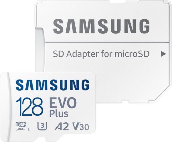 Samsung 128 GB EVO Plus microSD kaart en witte SD adapter.