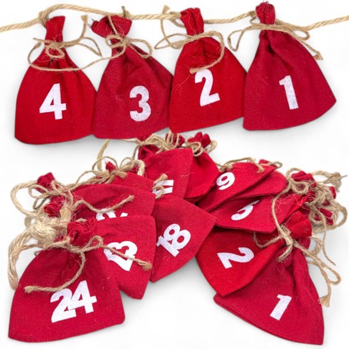Adventskalender om te vullen - 24 Katoenen Zakjes - Jute Koord - 9 x 11 cm - Doe-het-zelf - Kerstdecoratie - Kerstkalender