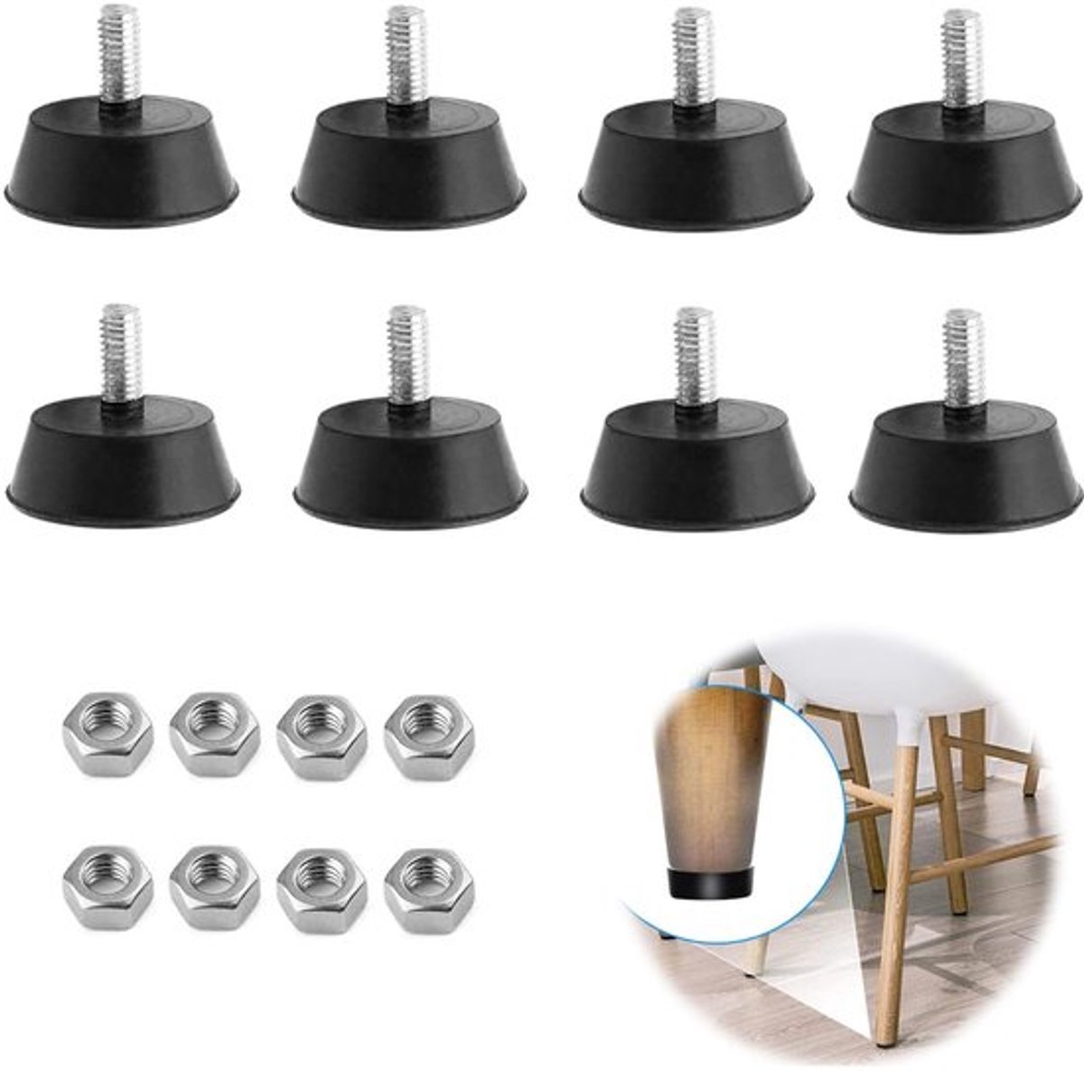 Meubelpoten Verstelbaar - Rubber - Nivelleringsvoet - Tafelpoten - Kastpoten - Meubelglijders - Set van 8 Stuks
