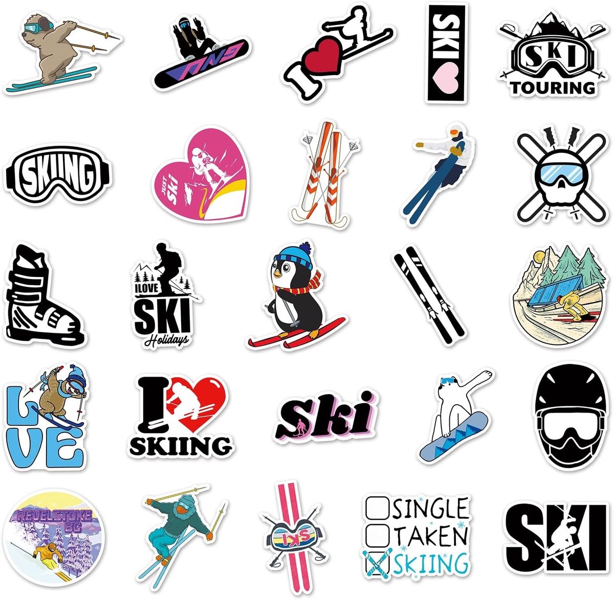 Set van 50 Waterdichte Ski Stickers voor Kinderen en Tieners, Vinyl Decals voor Laptop, Skateboard en Fiets, Perfect voor Cadeaus en Creatieve Projecten
