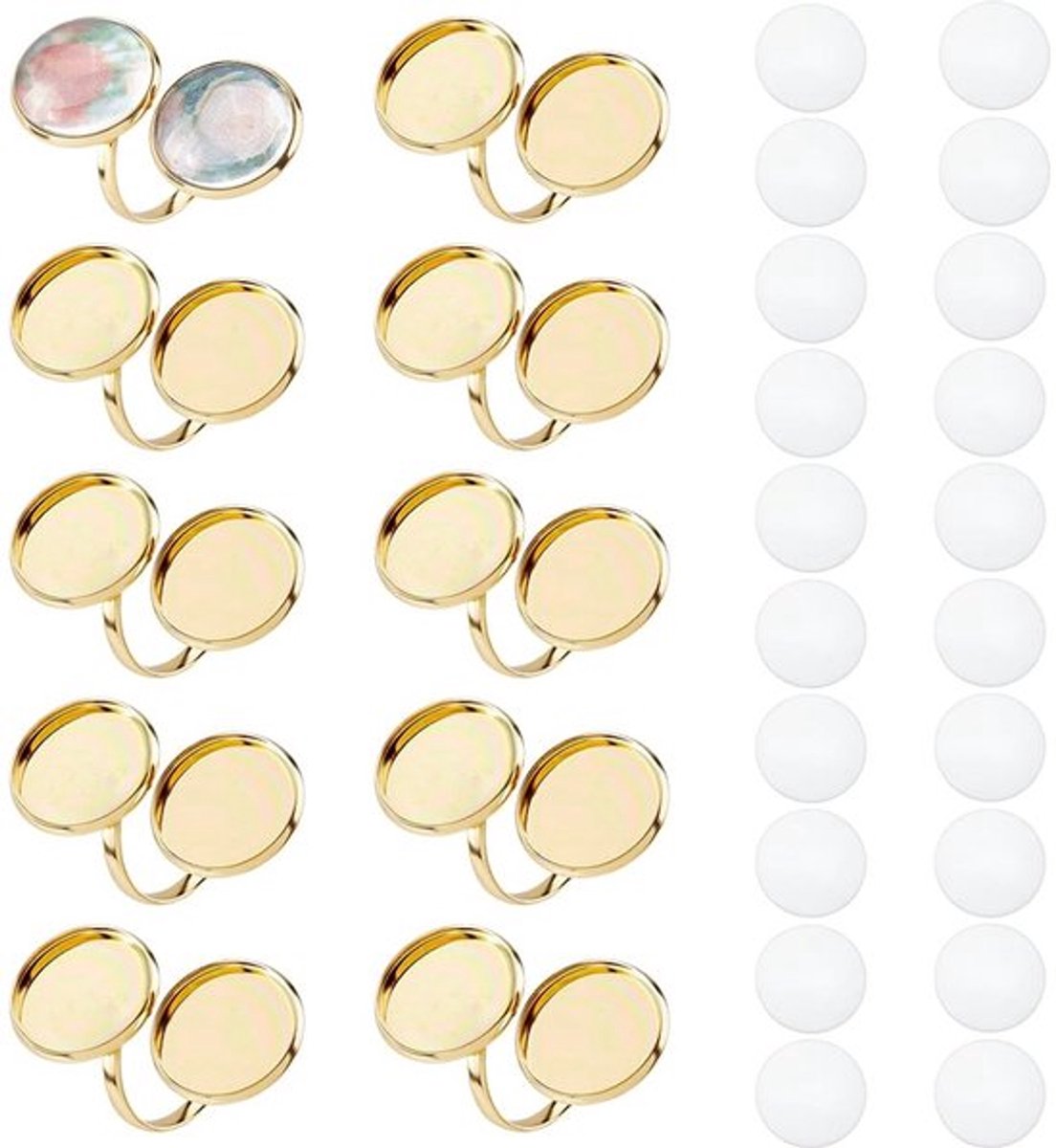 Ringbasis 18K Verguld - 10 Stuks - Dubbele Fitting - Ronde Dragerringen - Inclusief 20 Glazen Cabochons - Binnendiameter 17 mm - Ring